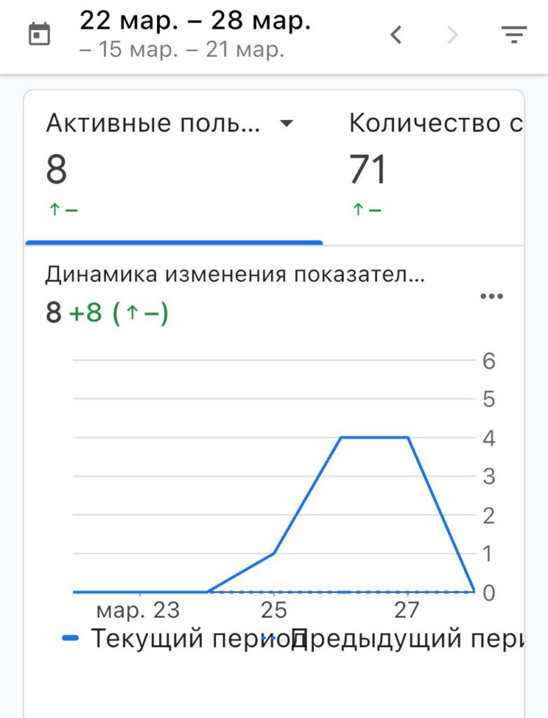 Проект: SpainTrevel – сайт о путешествиях по Испании 4 Статистика активности пользователей сайта Spain Trevel с графиком за период 22–28 марта
